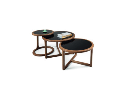 Juego de mesas de centro de diseñador de 3 piezas. Sala de estar de madera moderna mesa de vidrio redonda de lujo marrón.