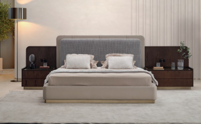 Dormitorio beige cama de madera diseño moderno 180x200 camas muebles