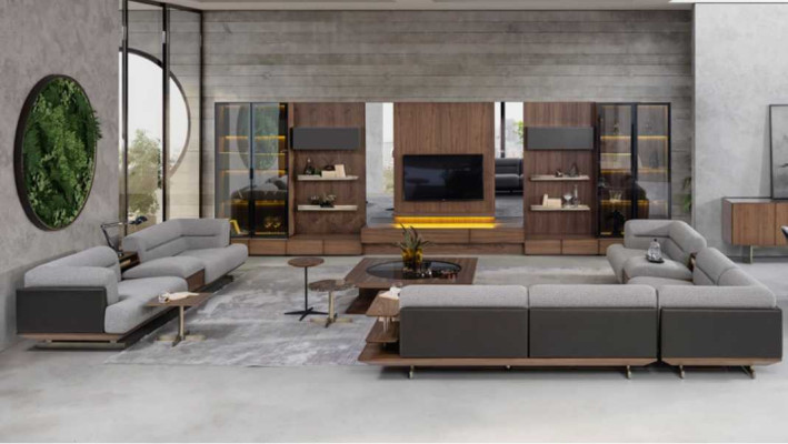 Sala de estar, conjunto de pared, aparador bajo para TV, madera marrón, muebles, televisor, nuevo, XXL, 530 cm.