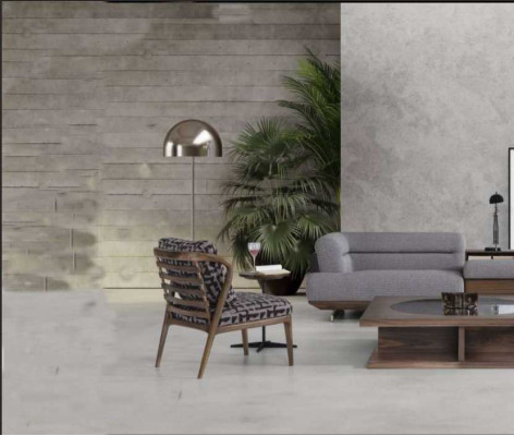 Moderno conjunto de sala de estar, sofá esquinero en forma de L, sillón con mesa de centro, diseño de lujo.