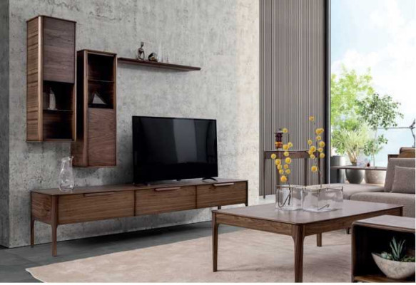 Conjunto de sala de estar, mueble de pared con estante y soporte para TV, diseño moderno de pared de sala.