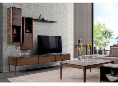 Conjunto de sala de estar, mueble de pared con estante y soporte para TV, diseño moderno de pared de sala.