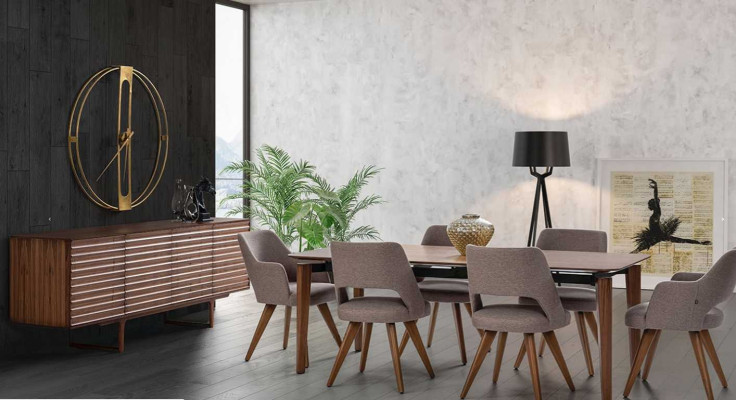 Comedor moderno con aparador, 6 sillas y mesa de comedor de diseño de lujo.