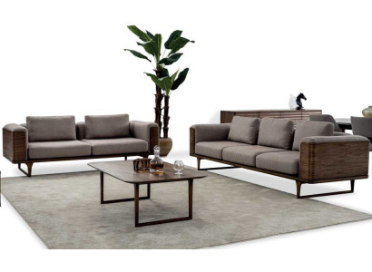 Diseñar conjunto de sala de estar 2 sofás con mesa de centro de lujo de madera con textil.