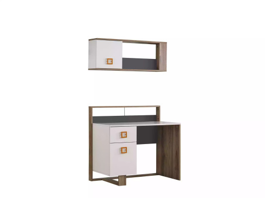 Conjunto de escritorio para habitación de niños, 2 piezas, estantería, computadora, madera blanca.
