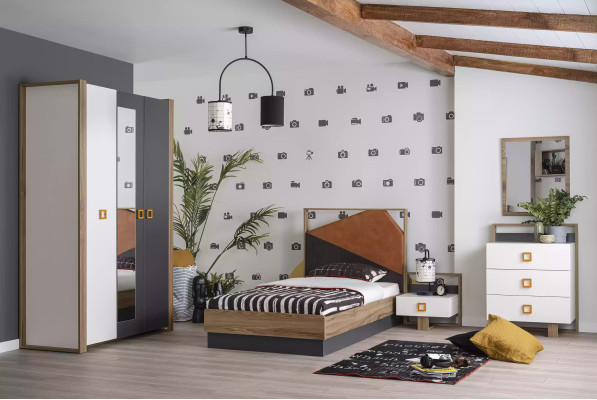 Juego de dormitorio infantil en gris de 5 piezas, juego de muebles de madera nuevo