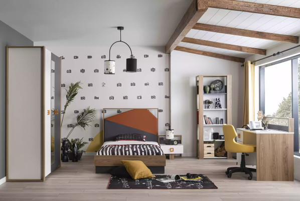 Estructura de cama, conjunto de habitación infantil, juego de cama, escritorio gris de 5 piezas de madera.