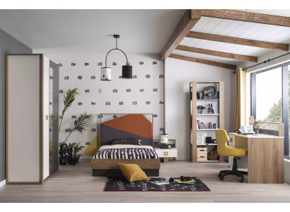 Estructura de cama, conjunto de habitación infantil, juego de cama, escritorio gris de 5 piezas de madera.