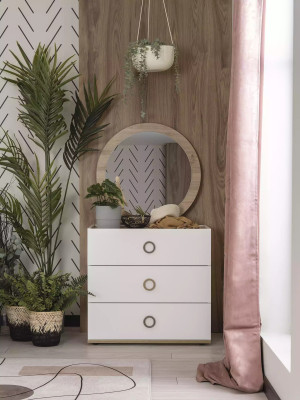 Grupo de cómoda con espejo en madera blanca, juego de armario para dormitorio.