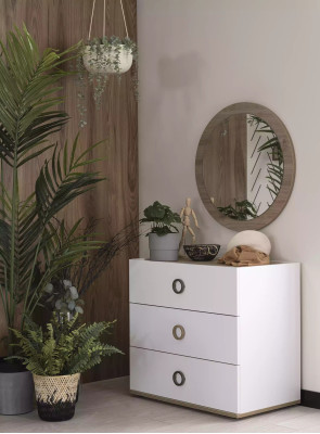Grupo de cómoda con espejo en madera blanca, juego de armario para dormitorio.