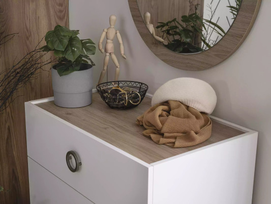 Grupo de cómoda con espejo en madera blanca, juego de armario para dormitorio.
