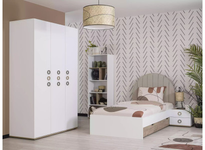 Juego de dormitorio juvenil para niños, mesita de noche, cama de madera blanca, set de 4 piezas.