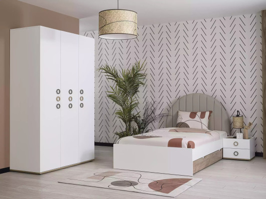 Muebles infantiles Dormitorio infantil Conjunto de cama juvenil Cama Madera Blanco Set 3 piezas
