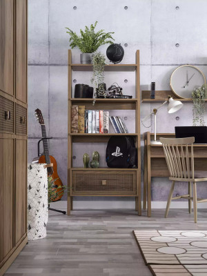 Escritorio infantil escritorio estantería de madera marrón set de 3 piezas.