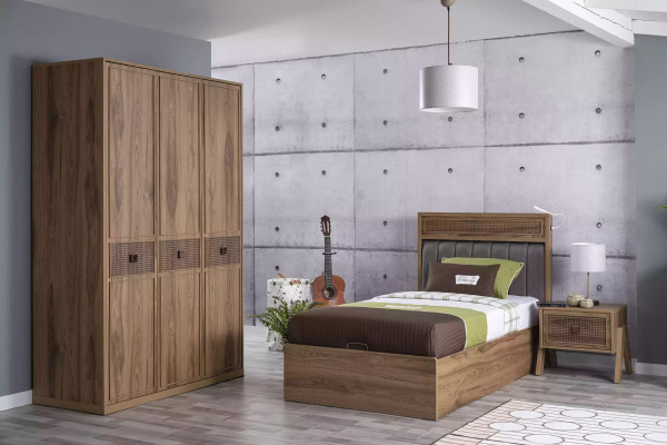 Cama Cama de madera con cajón de almacenamiento Juego Cama juvenil de madera Marrón Set de 3 piezas