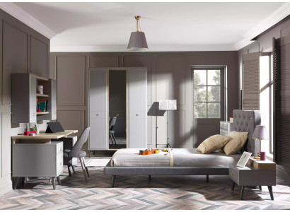 Cama juvenil Conjunto completo de cama gris Muebles de dormitorio de cama de madera de 5 piezas