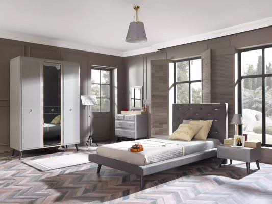 Muebles para niños Cama Completa Juvenil Habitación infantil Madera Gris Set de 4 piezas