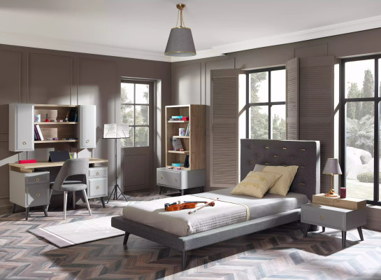 Conjunto de dormitorio infantil cama juvenil mesita de noche cama madera gris 100 cm 2 piezas