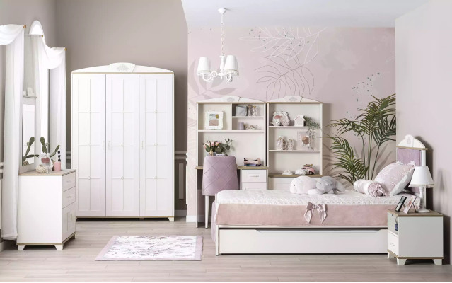 Habitación infantil completa Chesterfield muebles infantiles cama de madera rosa set de 8 piezas.