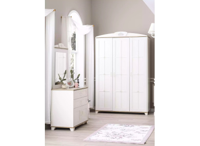 Conjunto de dormitorio armario blanco de madera 3 piezas con cómoda.