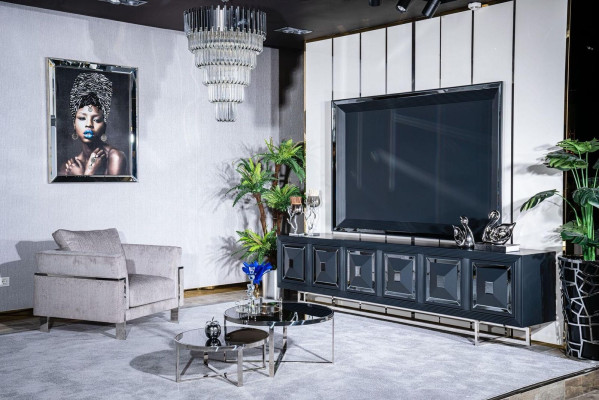 Mueble de TV, soporte para TV, sillón, mesa de centro, mesa auxiliar, sala de estar, 5 piezas, gris, nuevo.