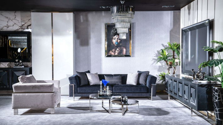 Mueble de TV, soporte para TV, sillón, mesa de centro, mesa auxiliar, sala de estar, 5 piezas, gris, nuevo.