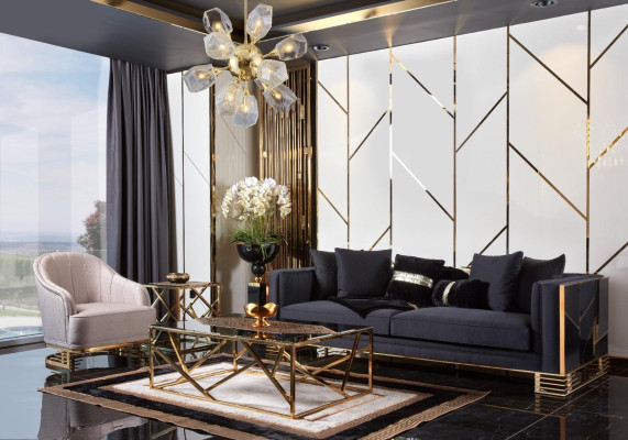 Juego de sofás de lujo con sofá y sillón de 3+1 plazas, mesa de centro y mesa auxiliar, conjunto de 4 piezas.