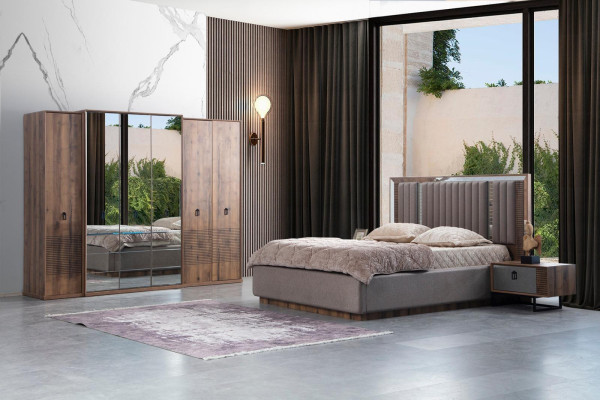 Conjunto de dormitorio gris-marrón para mundos de vida modernos.