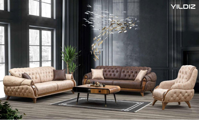 Sofá de tela de tres plazas, estilo clásico de muebles tapizados para diseño de sala de estar.