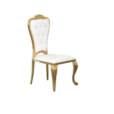 Estilo moderno, elegante silla blanca con asiento acolchado de diseño de metal y textil.