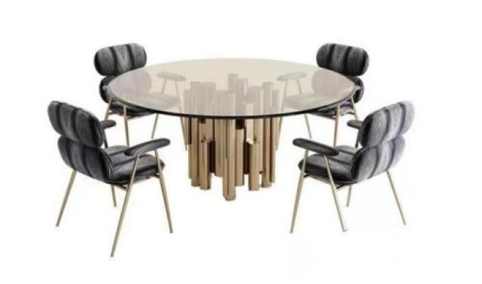 Mesa de comedor redonda de vidrio dorado de diseñador, mesas redondas modernas de lujo.