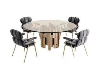 Mesa de comedor redonda de vidrio dorado de diseñador, mesas redondas modernas de lujo.