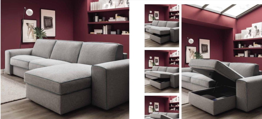 Esquina de lujo moderna Sofá en forma de L de textil y madera de diseño Alfitalia para sala de estar.