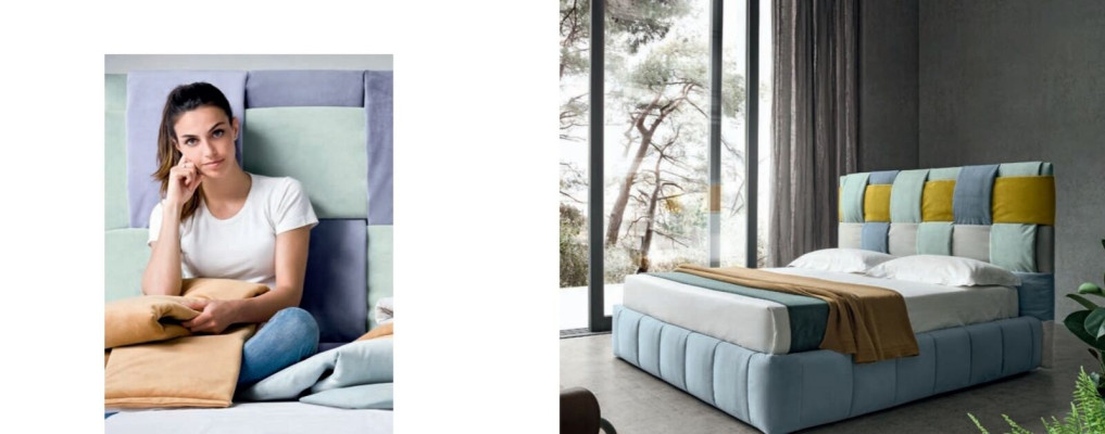 Modernas camas de lujo tapizadas en textil. Cama de dormitorio de alta calidad. Muebles italianos.