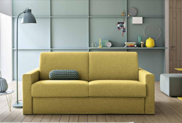 Sofá de diseñador de dos plazas, sofá biplaza amarillo de tela, sofá cama, muebles italianos.