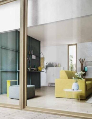 Sofá de diseñador de dos plazas, sofá biplaza amarillo de tela, sofá cama, muebles italianos.