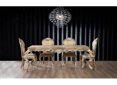 Juego de comedor dorado. Mesa de comedor rectangular de diseñador con x4 sillas Chesterfield. Conjunto de 5 piezas.
