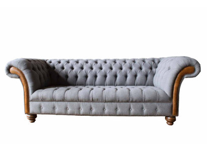 Sofá de tela Chesterfield de lujo, sofá tapizado, asiento gris, textil.