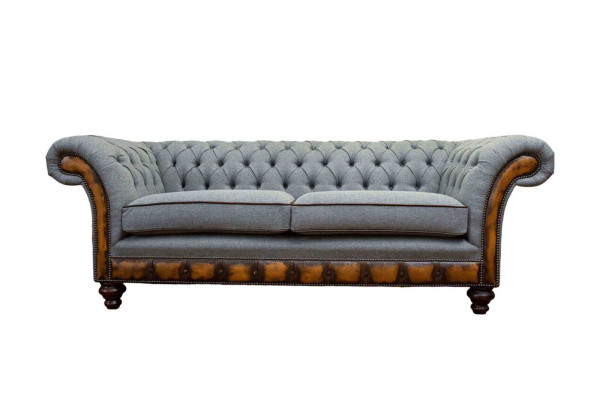 Couch de lujo de tres plazas moderna, muebles gris, sofás de tela textil acolchado.