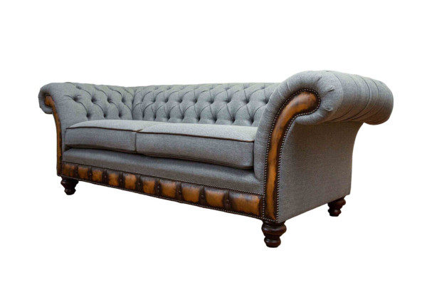Couch de lujo de tres plazas moderna, muebles gris, sofás de tela textil acolchado.