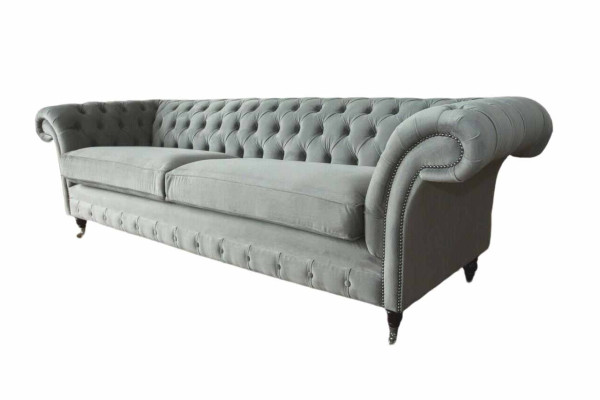 Sofá de 4 plazas Chesterfield tapizado en tela gris para sala de estar