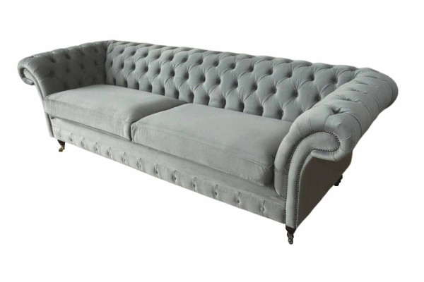 Sofá de 4 plazas Chesterfield tapizado en tela gris para sala de estar