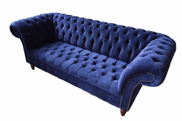 Chesterfield Design Sofá de lujo tapizado 3 plazas azul textil nuevo