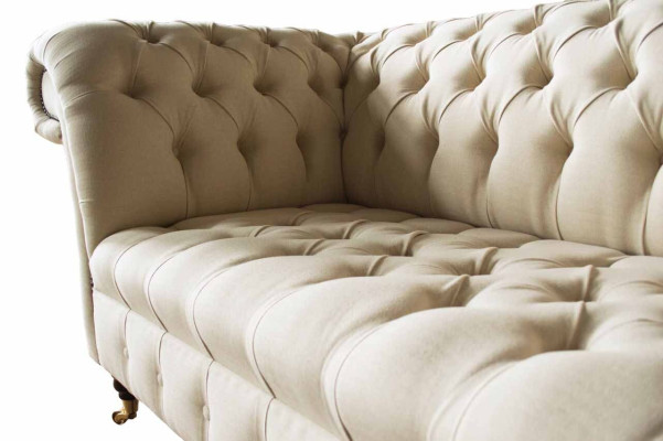 Sofá Chesterfield 3 plazas diseñador rosa, sillones de tela, tapizado textil.