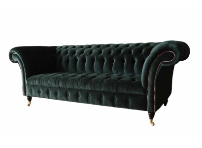 Sofá Chesterfield Diseño Sofá de 3 plazas Tapizado Tela Verde Nuevo