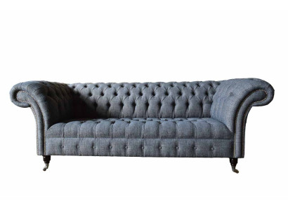 Sofá de diseño tapizado de tres plazas Chesterfield gris, muebles de salón.
