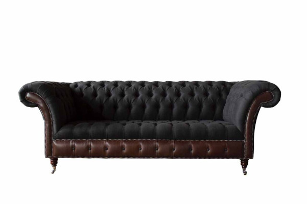 Chesterfield Sofá de 3 plazas en cuero negro con cojines de asiento de tela, nuevo.