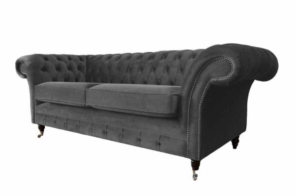 Diseño de sofá Chesterfield 3 plazas en gris, sofá tapizado para sala de estar.