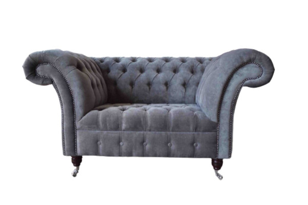 Sofá Chesterfield de 1,5 plazas, sofá tapizado de diseño, asientos acolchados, gris.