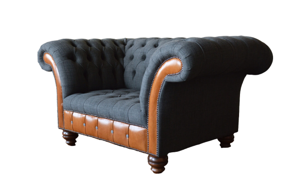 Sillón de diseño de lujo de un asiento, sofá tapizado Chesterfield en tela.